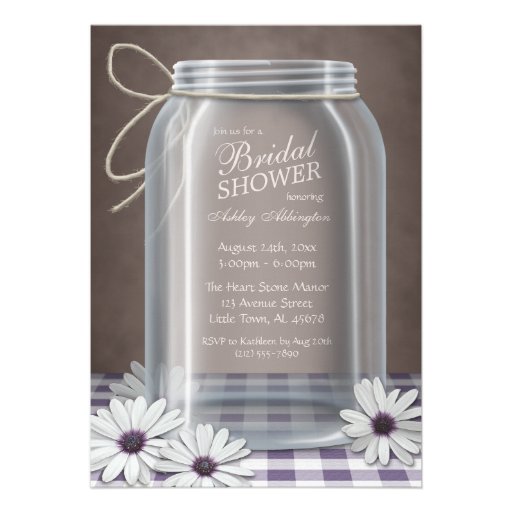 Country Mason Jar Purple Gingham Bridal Shower Custom Invites