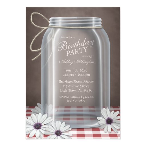 Country Mason Jar Red Gingham Birthday Party Personalized Invitation