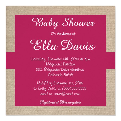 Country Ruby Pink and Beige Burlap Baby Shower Custom Invites