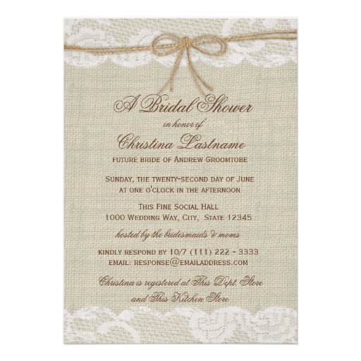 Country Rustic and Lace Wedding Bridal Shower Card (front side)