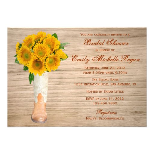 Country Rustic Boots and Sunflowers Bridal Shower Custom Announcements