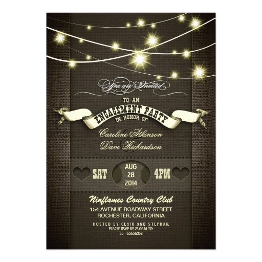 country rustic burlap & lights engagement party custom invitations