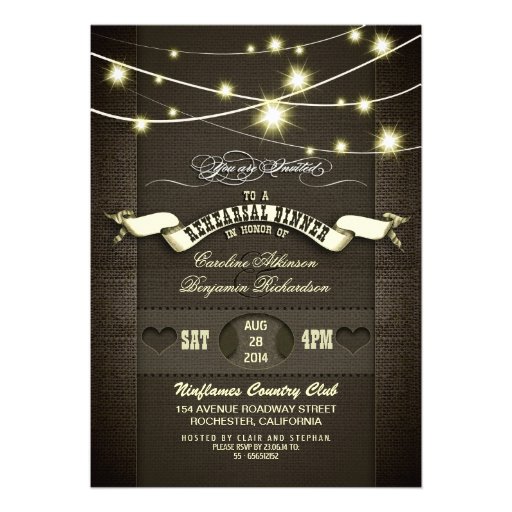 country rustic burlap & lights rehearsal dinner invite