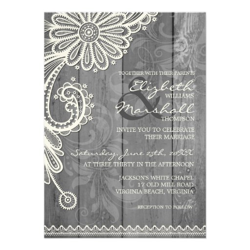 Country Rustic Lace & Wood Floral Wedding Invite