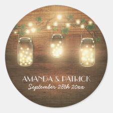 Country Rustic Lights Mason Jar Wedding Favors Classic Round Sticker