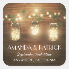 Country Rustic Lights Mason Jar Wedding Favors Square Sticker