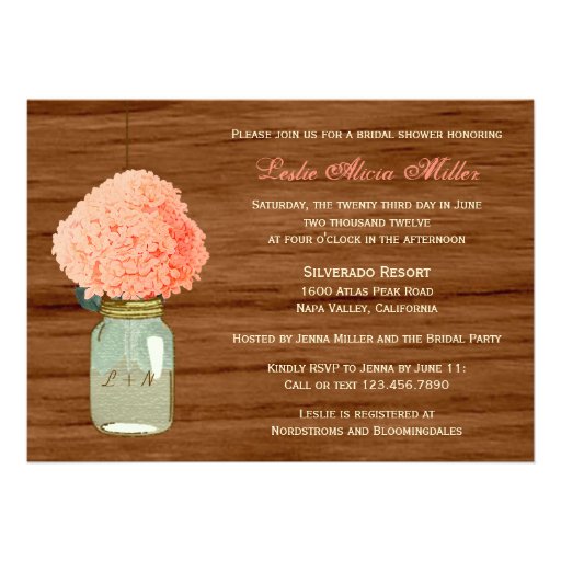 Country Rustic Mason Jar Coral Dark Bridal Shower Custom Invitations
