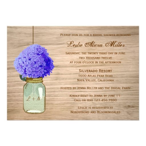 Country Rustic Mason Jar Cornflower Blue Hydrangea Invites