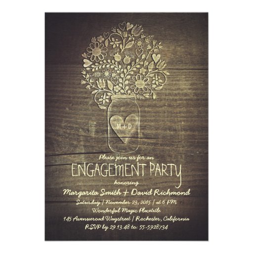 country rustic mason jar floral engagement party invite (front side)