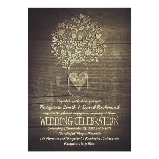 country rustic mason jar floral wedding invitation (front side)