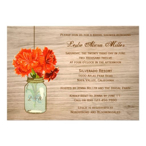 Country Rustic Mason Jar Flowers  Bridal Shower Personalized Invites (front side)