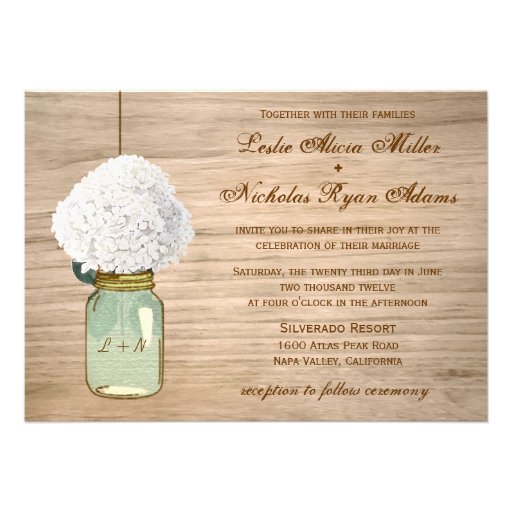 Country Rustic Mason Jar Hydrangea Wedding Custom Invite (front side)