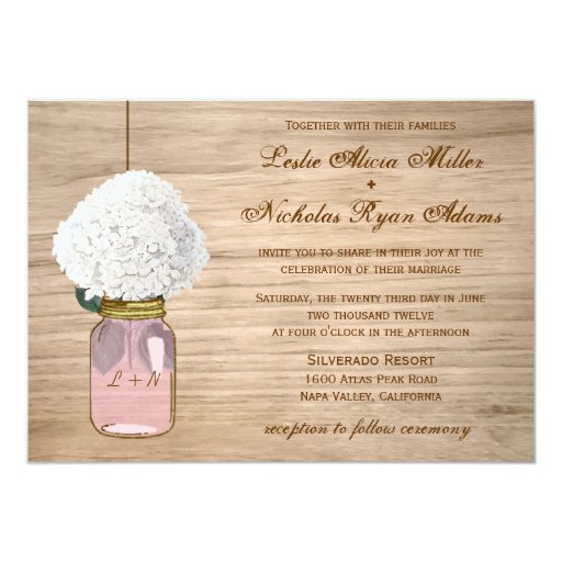 Country Rustic Mason Jar Hydrangea Wedding Custom Invitation (front side)
