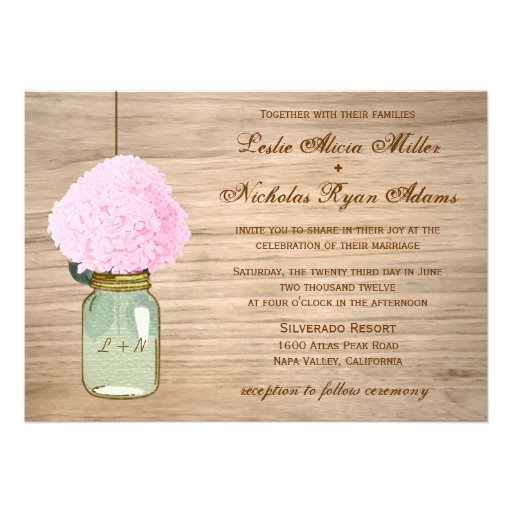 Country Rustic Mason Jar Hydrangea Wedding Custom Invitation