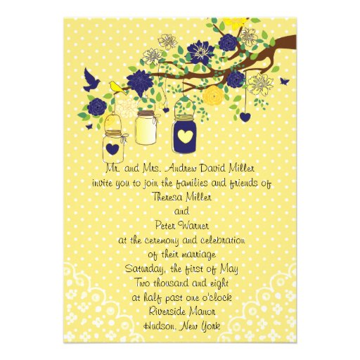 Country Rustic Mason Jar Navy Blue and Yellow Gold Custom Invitations