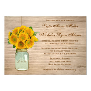 Country Rustic Mason Jar Sunflowers Wedding 5x7 Paper Invitation Card