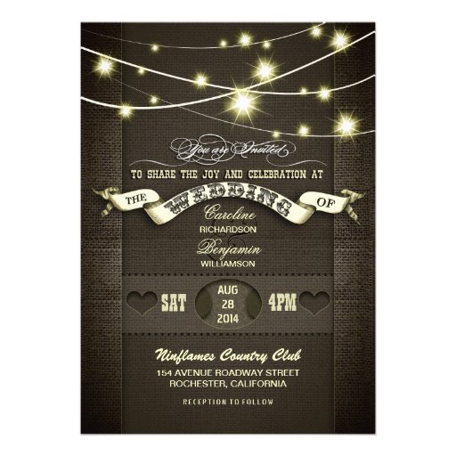 country rustic string lights burlap wedding personalized invite