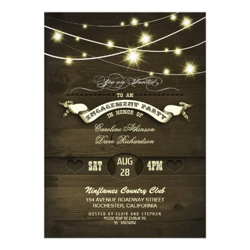 country rustic string lights wood engagement party cards
