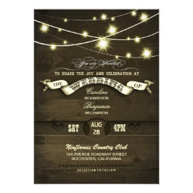 country rustic string lights wood wedding personalized invitations