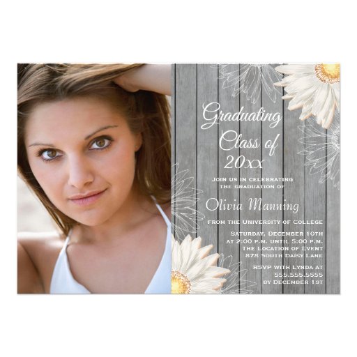Country rustic white daisy photo graduation party custom invite (front side)