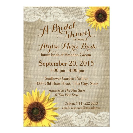 Country Sunflower and Lace Bridal Shower Custom Invites