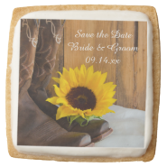 Country Sunflower Wedding Save the Date Cookie Square Premium Shortbread Cookie