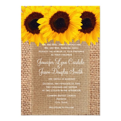 Country Sunflowers Burlap Print Wedding Invitation