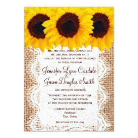 Country Sunflowers Burlap Print Wedding Invitation 4.5