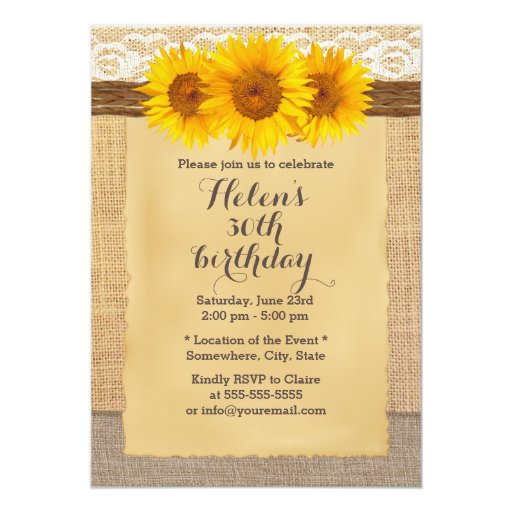 Country Sunflowers Laced Burlap Birthday Party Personalized Invitations (front side)