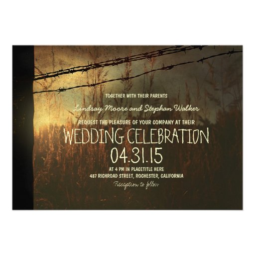 country wedding invitation with rural fence