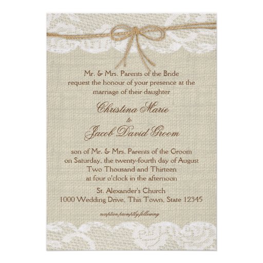 Country Wedding Lace and Burlap Personalized Announcements