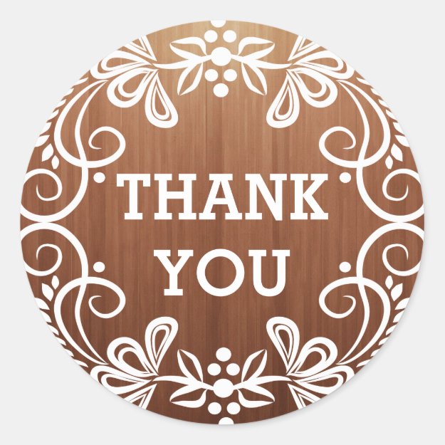 Country Wood Floral Swirls Thank You Classic Round Sticker