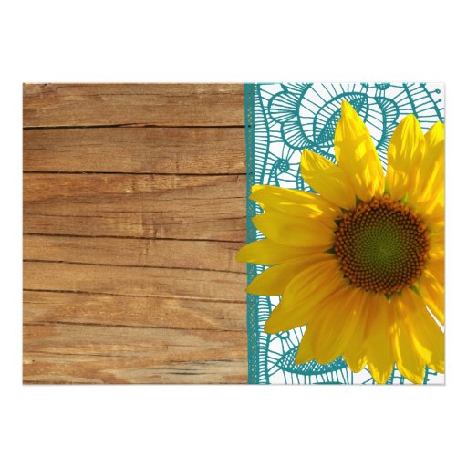 Country Wood Sunflower Teal Lace Wedding Invite