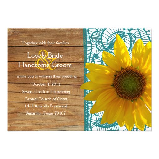 Country Wood Sunflower Teal Lace Wedding Invite