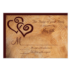 Country Wood Tree Rings Double Hearts Wedding RSVP Personalized Invite