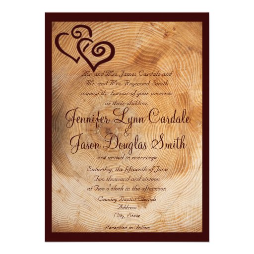 Country Wood Tree Rings Hearts Wedding Invitations
