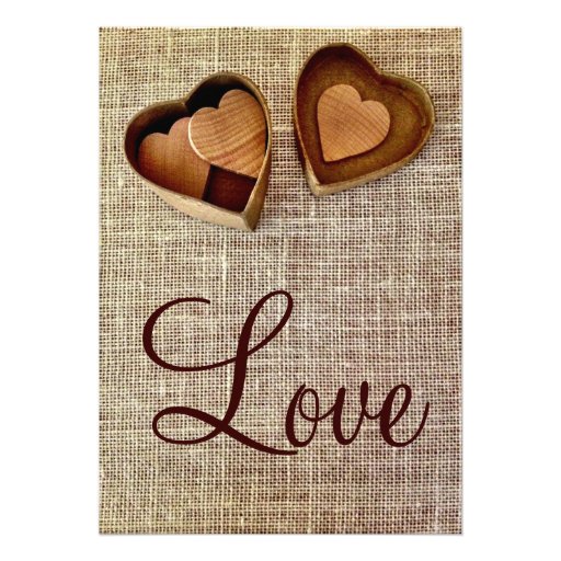 Country Wooden Hearts Burlap Wedding Invitations