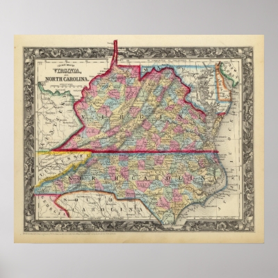 County Map Of Virginia, and North Carolina Print by davidrumsey