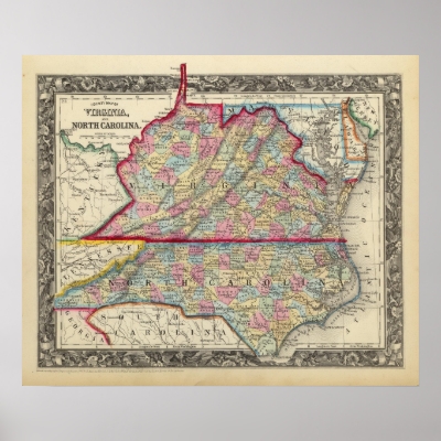 County Map Of Virginia, and North Carolina Print by davidrumsey County Map Of Virginia, and North Carolina Print by davidrumsey