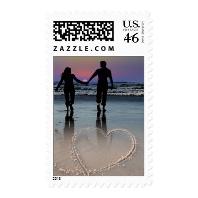 Couple Holding Hands Walking into Beach Sunset Stamp by beverlytazangel