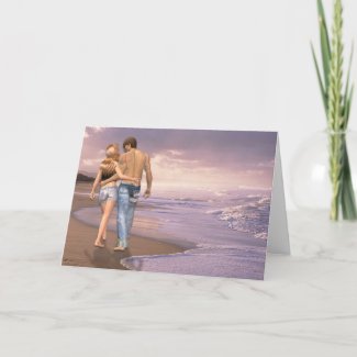 Couple in Love Walking on Beach into the Sunset Greeting Cards