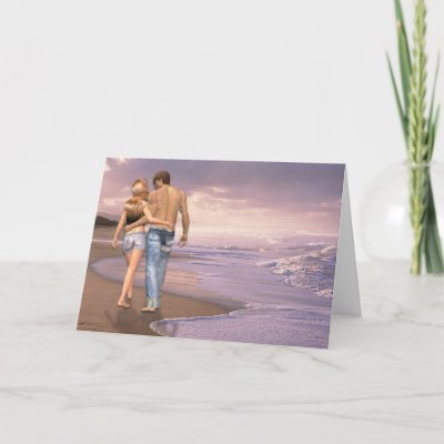 Couple in Love Walking on Beach into the Sunset Greeting Cards by 