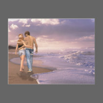 Couple in Love Walking on Beach into the Sunset postcards