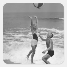 Couple Playing with a Beachball Square Stickers