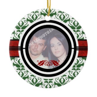 Couple’s first Christmas green damask pattern ornament