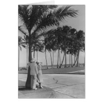 Couple standing at palm tree Rear view B&W Cards