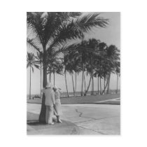 Couple standing at palm tree Rear view B&W Postcard
