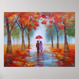 Couple walking in a forest autumn rainy day poster