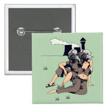 couple wearing gas maskes pinback button