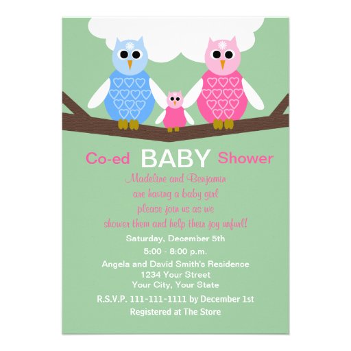 Couples Coed Girl Baby Shower Invitation -- Owls